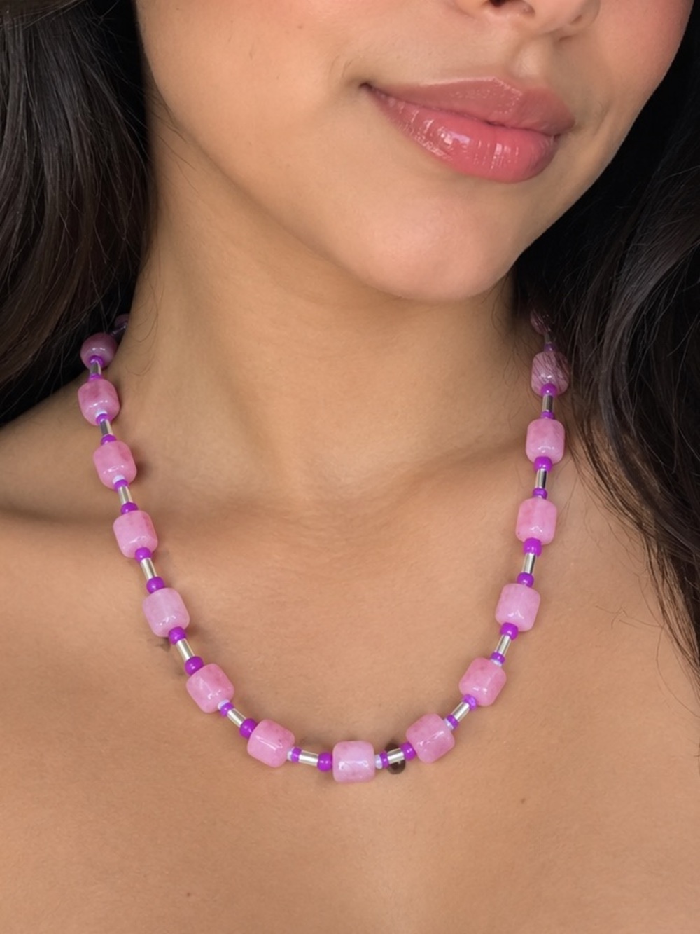 Handcrafted Pink Beaded Necklace - Women Jewelry-quartz
